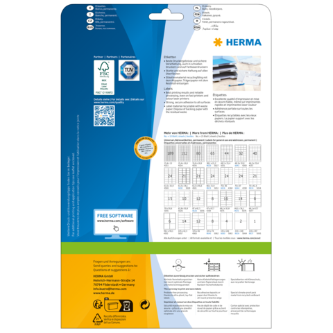 Rückseite einer Verpackung von HERMA mit Informationen zu Produkten, Software und Anleitungen. Enthält QR-Code und Symbole für Nachhaltigkeit.