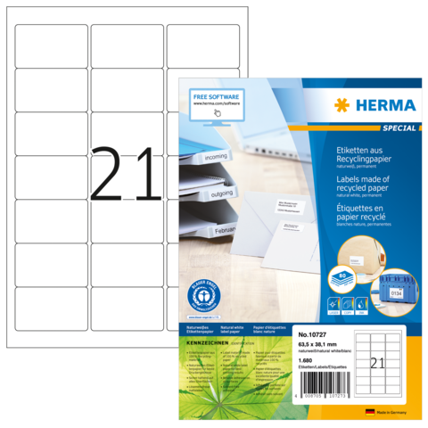 Etikettenblatt mit 21 leeren Feldern, verpackt in einer umweltfreundlichen Verpackung von Herma, aus Recyclingpapier.