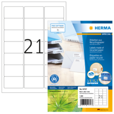 Etikettenblatt mit 21 leeren Feldern, verpackt in einer umweltfreundlichen Verpackung von Herma, aus Recyclingpapier.