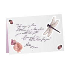 Eine Grußkarte mit einer Libelle, einer Blume und einem Schmetterling. Der Text ermutigt dazu, die Wurzeln zu erinnern und bietet Unterstützung an.