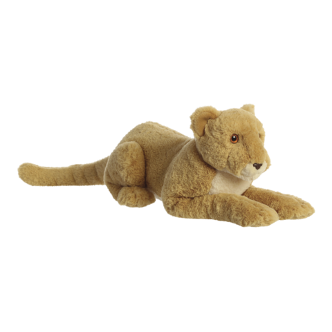Plüschlöwe in liegender Position, mit braunem Fell und aufmerksamen Augen. Ideal als Spielzeug oder Dekoration.