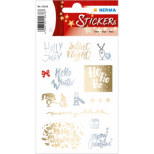 Weihnachtliche Aufkleber mit Texten wie "Holly Jolly", "Silent Night" und "Merry Christmas" in verschiedenen Farben und Designs.
