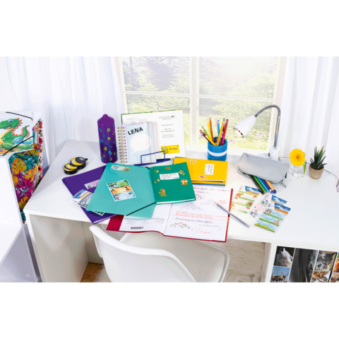 Ein Schreibtisch mit bunten Ordnern, Schreibmaterialien, einem Lampenlicht und einer kleinen Blume. Im Hintergrund sind Fenster und eine dekorative Box sichtbar.