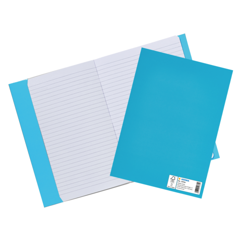 Blaue Ordner und ein liniertes Heft, die auf einem weißen Hintergrund liegen. Der Ordner hat eine Klappe und das Heft ist offen.