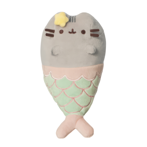 Kuscheltier in Form einer Meerjungfrau mit grauem Kopf, rosa Schwanz und grünen Schuppen. Hat ein gelbes Sternchen auf dem Kopf.