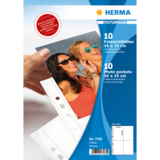 Fotohüllen von HERMA, 10 Stück, für Fotos 10 x 15 cm, aus Polypropylen, beidseitig einsteckbar. Verpackung zeigt Frauen mit Sonnenbrillen.