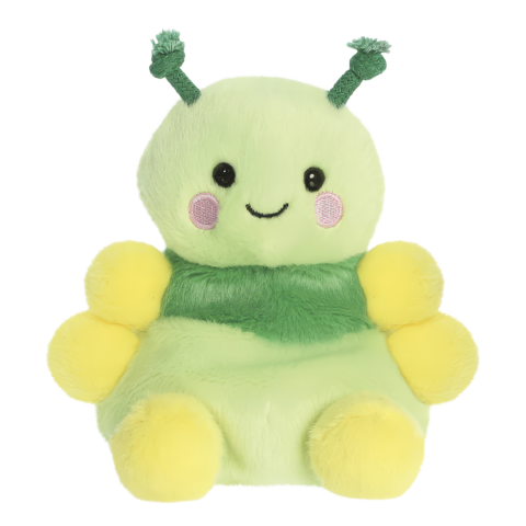 Ein grünes, kuscheliges Plüschtier in Form einer Raupe mit gelben Beinen und einem lächelnden Gesicht.
