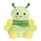 Ein grünes, kuscheliges Plüschtier in Form einer Raupe mit gelben Beinen und einem lächelnden Gesicht.