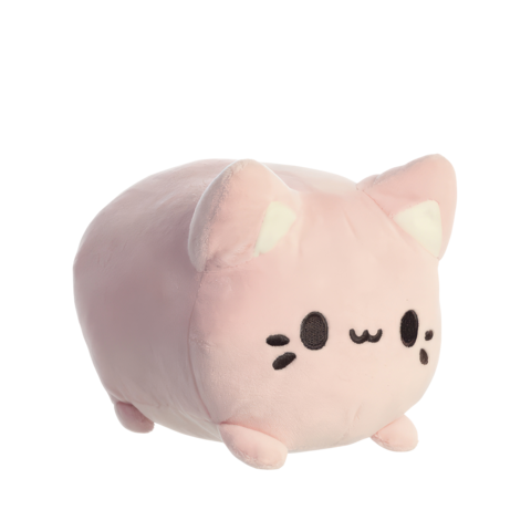 Kuscheliges, rosa Plüschtier in Form einer Katze mit großen Augen und kleinen Ohren.