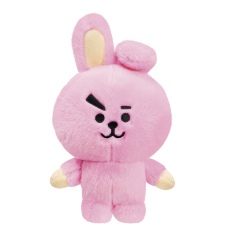 Ein rosa Plüschhase mit einem schelmischen Gesichtsausdruck und langen Ohren, der aufrecht steht.