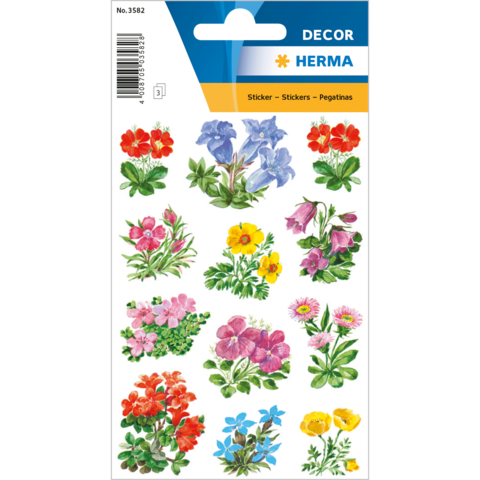 Bunte Blumenaufkleber in verschiedenen Designs, darunter Geranien, Veilchen und andere florale Motive auf einem Stickerbogen.