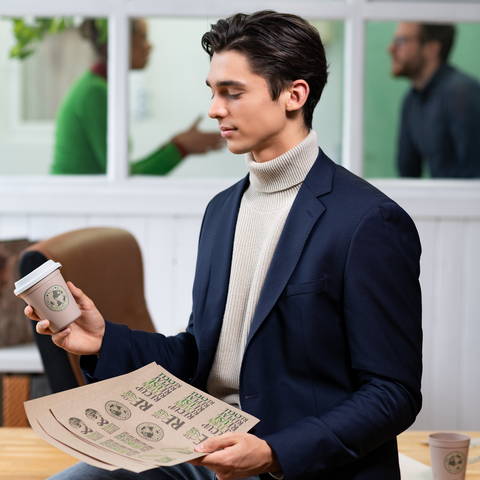 Ein junger Mann in einem Blazer hält einen Kaffeebecher und eine Mappe mit Unterlagen. Im Hintergrund führen zwei Personen ein Gespräch.