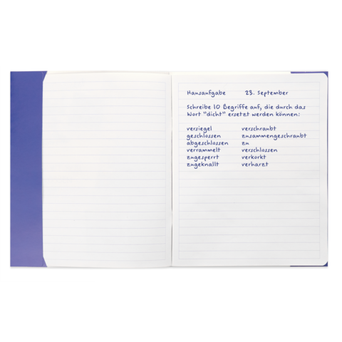 Aufgeschlagenes Notizbuch mit handschriftlicher Aufgabe vom 23. September, die zehn Begriffe auflistet, die durch "dicht" ersetzt werden können.