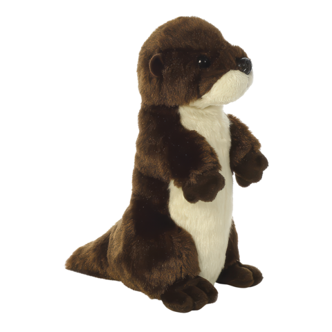 Plüschotter mit braunem Fell und weißem Bauch, aufrecht stehend, mit einem freundlichen Gesichtsausdruck.