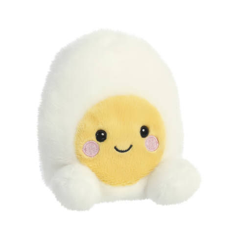 Kuscheliges, gelbes Ei mit einem lächelnden Gesicht und weißen, flauschigen Rändern. Ideal als Spielzeug oder Dekoration.