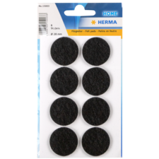 Schwarze Filzgleiter in einer Verpackung mit acht runden Pads, Durchmesser 28 mm, geeignet für Möbel oder empfindliche Oberflächen.