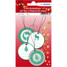 Geschenkanhänger mit verschiedenen Designs, darunter Weihnachtsbaum, Reh und der Text "Frohe Weihnachten". Enthält Platz für persönliche Nachrichten.