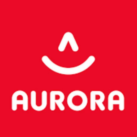 Logo von Aurora mit einem lächelnden Symbol auf rotem Hintergrund. Der Schriftzug 'AURORA' ist in Weiß gehalten.