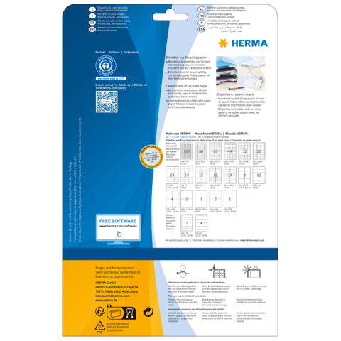 Rückseite einer Verpackung für Etiketten von HERMA, mit Anweisungen, QR-Code und Informationen zu Software und Recycling.
