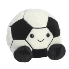 Kuscheliger Fußball mit einem lächelnden Gesicht und runden, schwarzen Füßen, der aus weichem Material gefertigt ist.