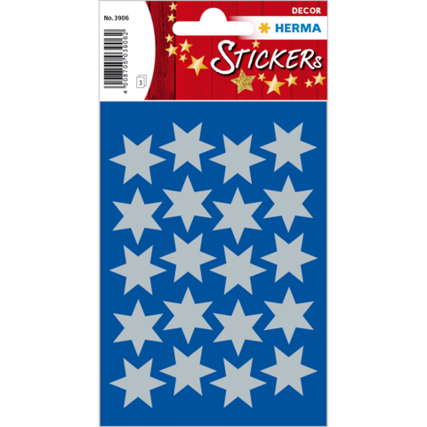 Blauer Stickerbogen mit 16 silbernen Sternen in verschiedenen Größen. Ideal für Dekoration und Bastelprojekte.