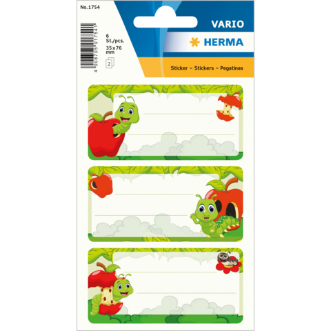 Bunte Aufkleber mit einem grünen Käfer, einer Raupe und roten Äpfeln, ideal zum Beschriften oder Dekorieren.