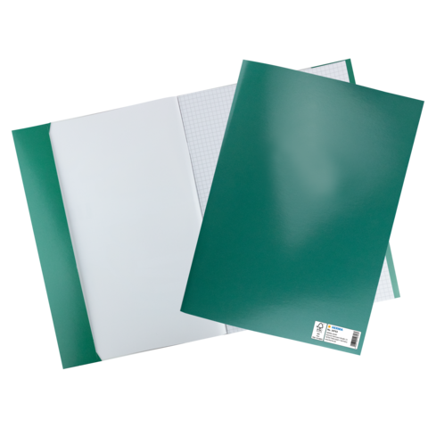 Grüne Ordner und ein kariertes Blatt Papier, die auf einem weißen Hintergrund liegen.