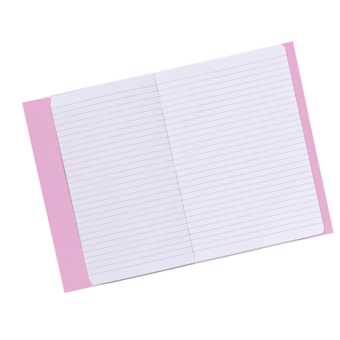 Ein offenes Notizbuch mit linierten Seiten und einem pinken Umschlag. Die Seiten sind leer und bereit zum Schreiben.