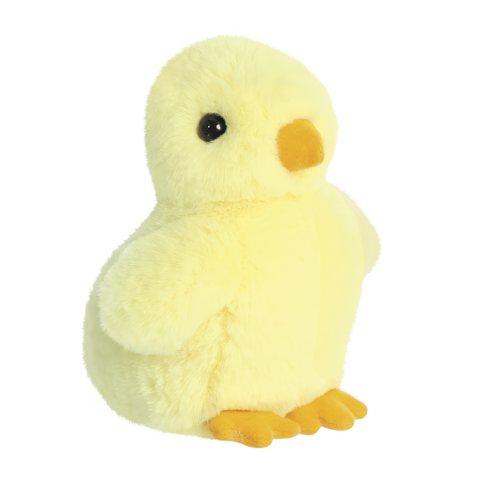 Gelbes Plüschküken mit schwarzen Augen und orangefarbenem Schnabel, in aufrechter Position.