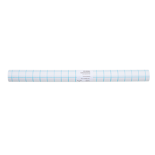 Rolle mit kariertem Papier, verpackt, mit einer Etikette, die die Maße und den Typ des Papiers angibt.