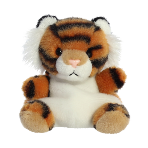 Plüsch-Tiger mit orangefarbenem Fell, schwarzen Streifen und weißen Ohren, sitzt aufrecht mit einem neutralen Gesichtsausdruck.