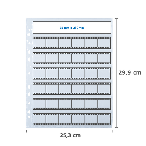 Ein transparentes Fotoplattenblatt für 35 mm x 230 mm Filmstreifen, ausgestattet mit 12 Fächern in zwei Reihen. Maße: 25,3 cm x 29,9 cm.
