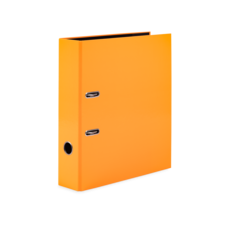 Ein orangefarbener Ordner mit zwei Metallringen und einer Öffnung an der Seite.