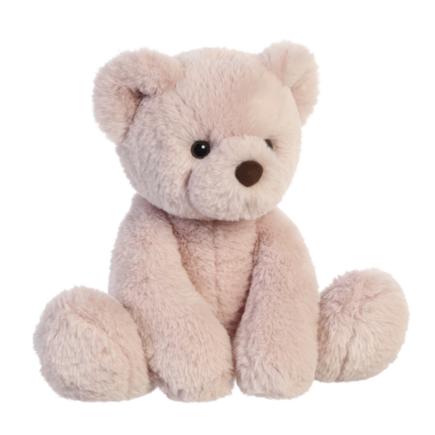 Ein weicher, rosa Plüschbär mit runden Ohren und braunen Augen sitzt aufrecht.