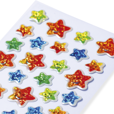 Bunte Glitzersterne in verschiedenen Farben auf einem weißen Hintergrund, angeordnet in einem regelmäßigen Muster.