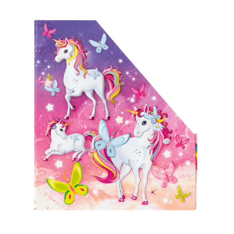 Bunte Illustration von Einhörnern und Schmetterlingen auf einem pastellfarbenen Hintergrund.