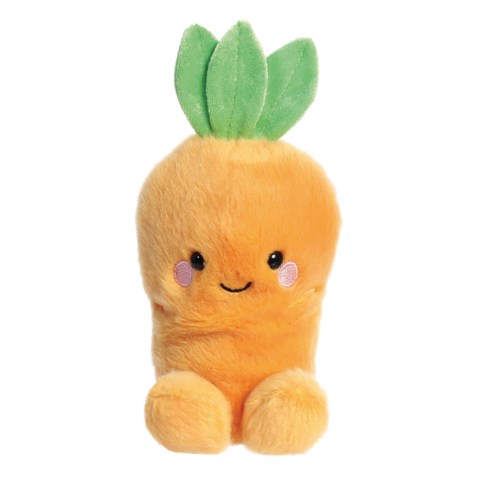Plüschfigur in Form einer Karotte mit grünen Blättern oben, lächelnd und mit rosafarbenen Wangen.