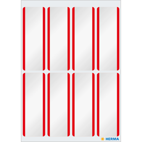 Sechs weiße Etiketten mit roten Rändern auf einem Bogen, geeignet für Beschriftungen oder Organisation.