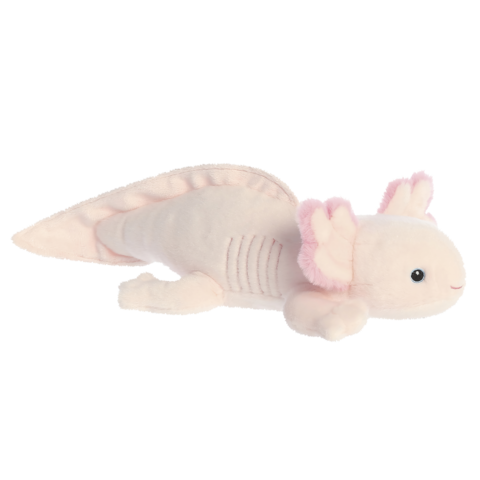 Plüschaxolotl in sanften Rosa- und Beigetönen mit großen Augen und auffälligen Kiemen.