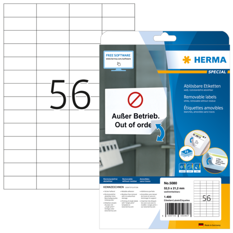 Packung mit ablösbaren Etiketten von Herma, inklusive einer Vorlage für Etiketten mit der Nummer 56 und dem Hinweis "Außer Betrieb".