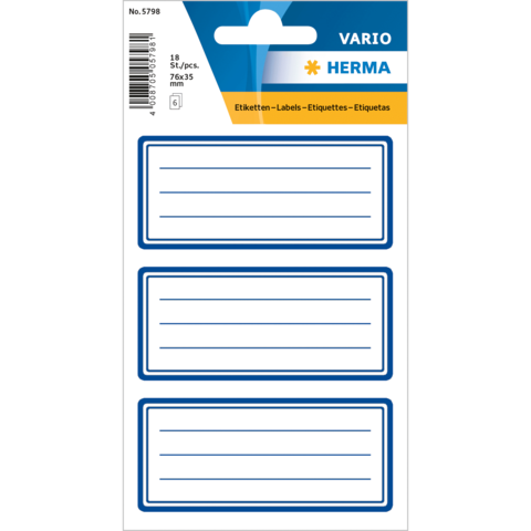 Verschiedene Etiketten mit blauen Rahmen, insgesamt 18 Stück, zum Beschriften, auf einer Verpackung abgebildet.