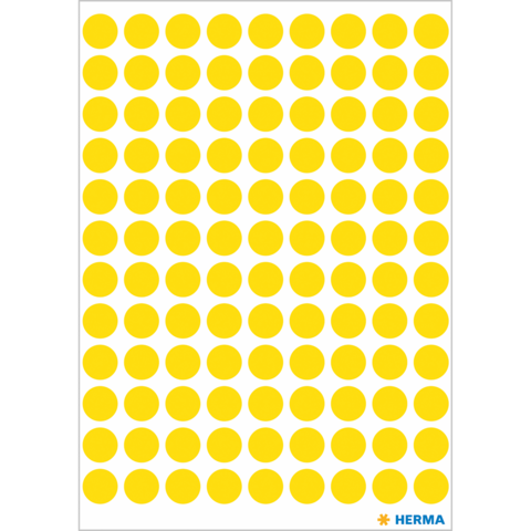 Gelbe runde Aufkleber auf weißem Hintergrund, gleichmäßig in einem Raster angeordnet.