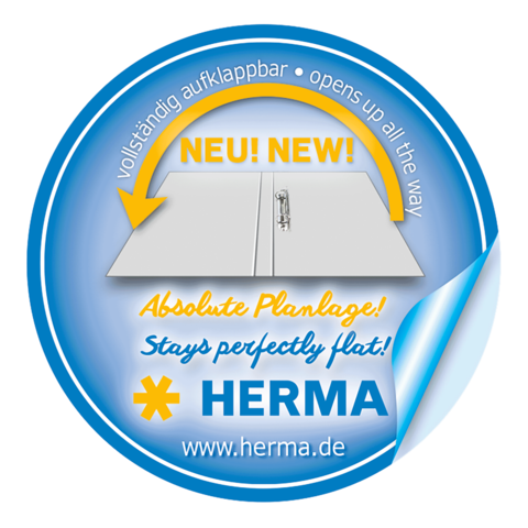 Runder Aufkleber mit dem Text "NEU! Vollständig aufklappbar! Absolute Planlage! Bleibt perfekt flach!" und dem Logo von Herma.