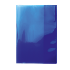 Ein blauer, glänzender Ordner mit einer glatten Oberfläche, der in aufrechter Position steht.