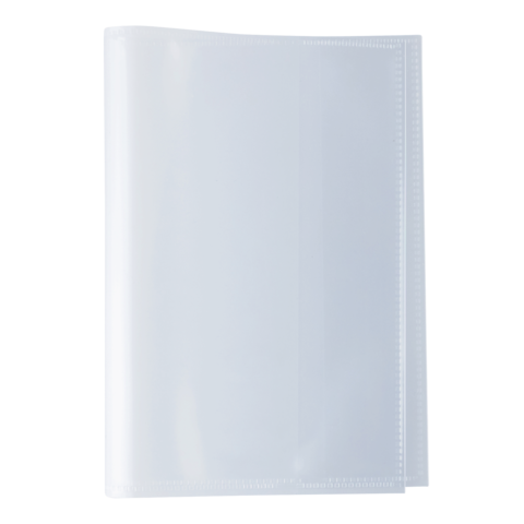 Transparente Kunststoffmappe, geschlossen, mit genähten Kanten, geeignet zur Aufbewahrung von Dokumenten oder Unterlagen.