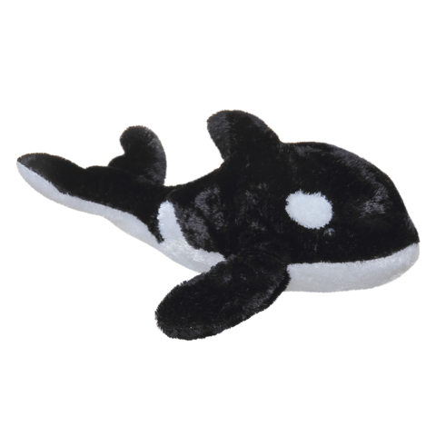 Plüsch-Orca in Schwarz und Weiß, mit charakteristischen Flossen und einem runden Kopf, auf einer neutralen Oberfläche liegend.