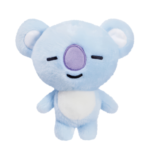 Blauer, kuscheliger Koala-Plüsch, mit einem lächelnden Gesicht und geschlossenen Augen, steht aufrecht mit runden Ohren.