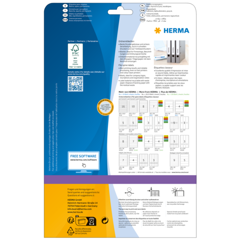 Rückseite einer Verpackung für HERMA Produkte, einschließlich Anweisungen, Softwarehinweisen und Diagrammen zur Verwendung.