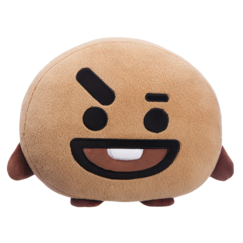 Runder, brauner Plüschcharakter mit einem lächelnden Gesicht und einem Augenbrauen-Design.