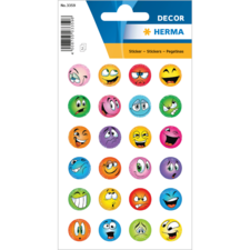 Bunte Aufkleber mit verschiedenen Gesichtsausdrücken, darunter lächelnde, traurige und überraschte Emojis, auf einem Stickerbogen.
